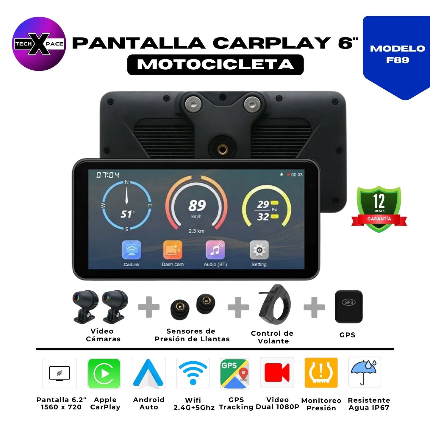 🏍️ Pantalla CarPlay de 6.2 pulgadas (F89) | Universal