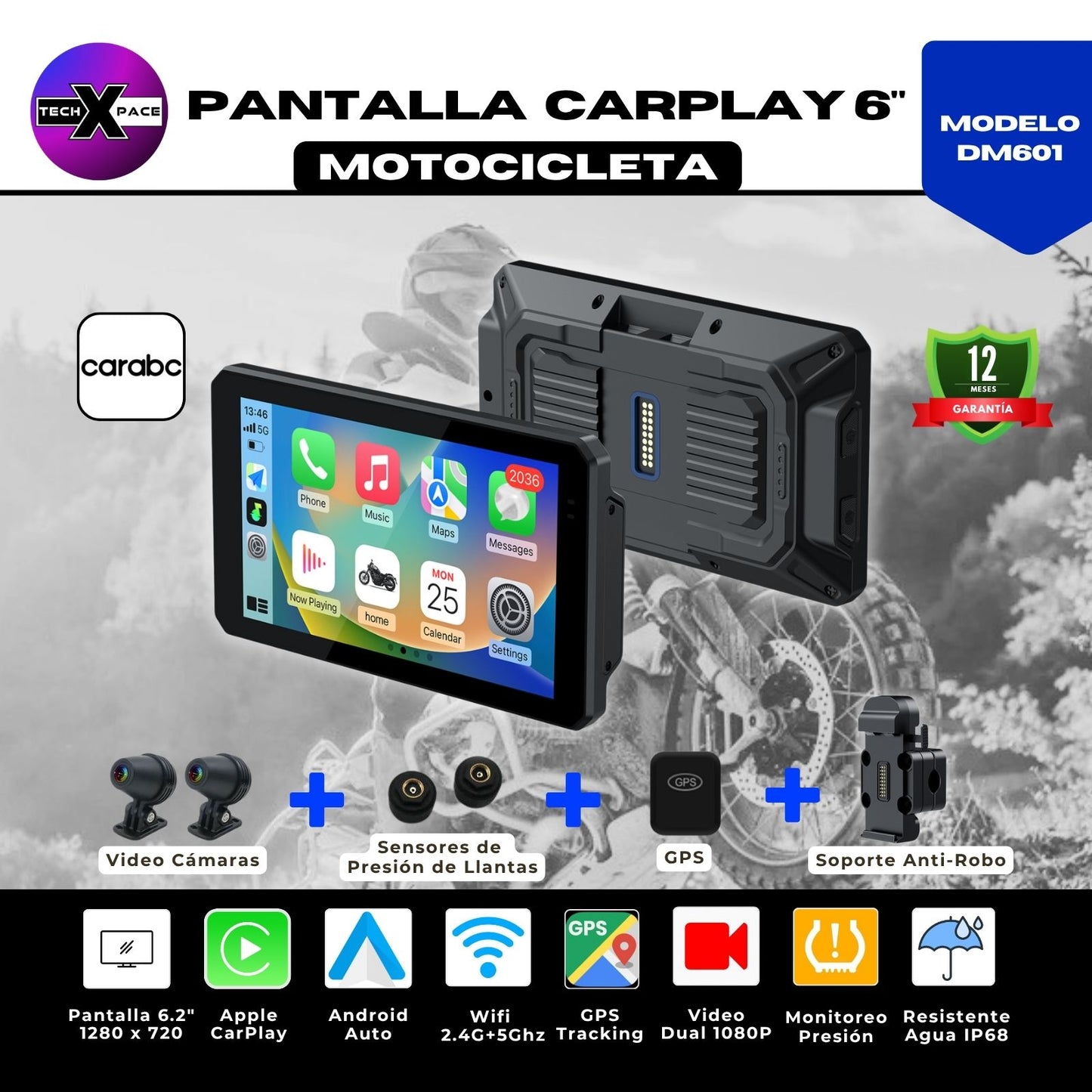🏍️ Pantalla CarPlay de 6 pulgadas (DM601) Portátil | Universal