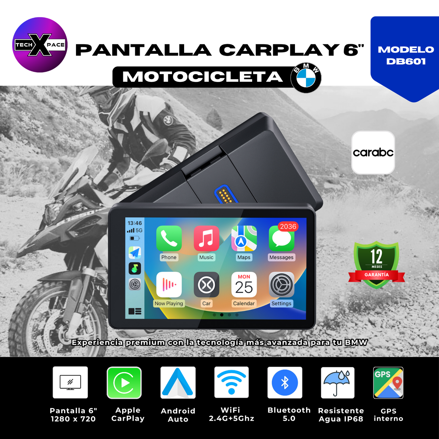 🏍️ Pantalla CarPlay de 6 pulgadas (DB601) | Portátil | exclusivo Moto BMW